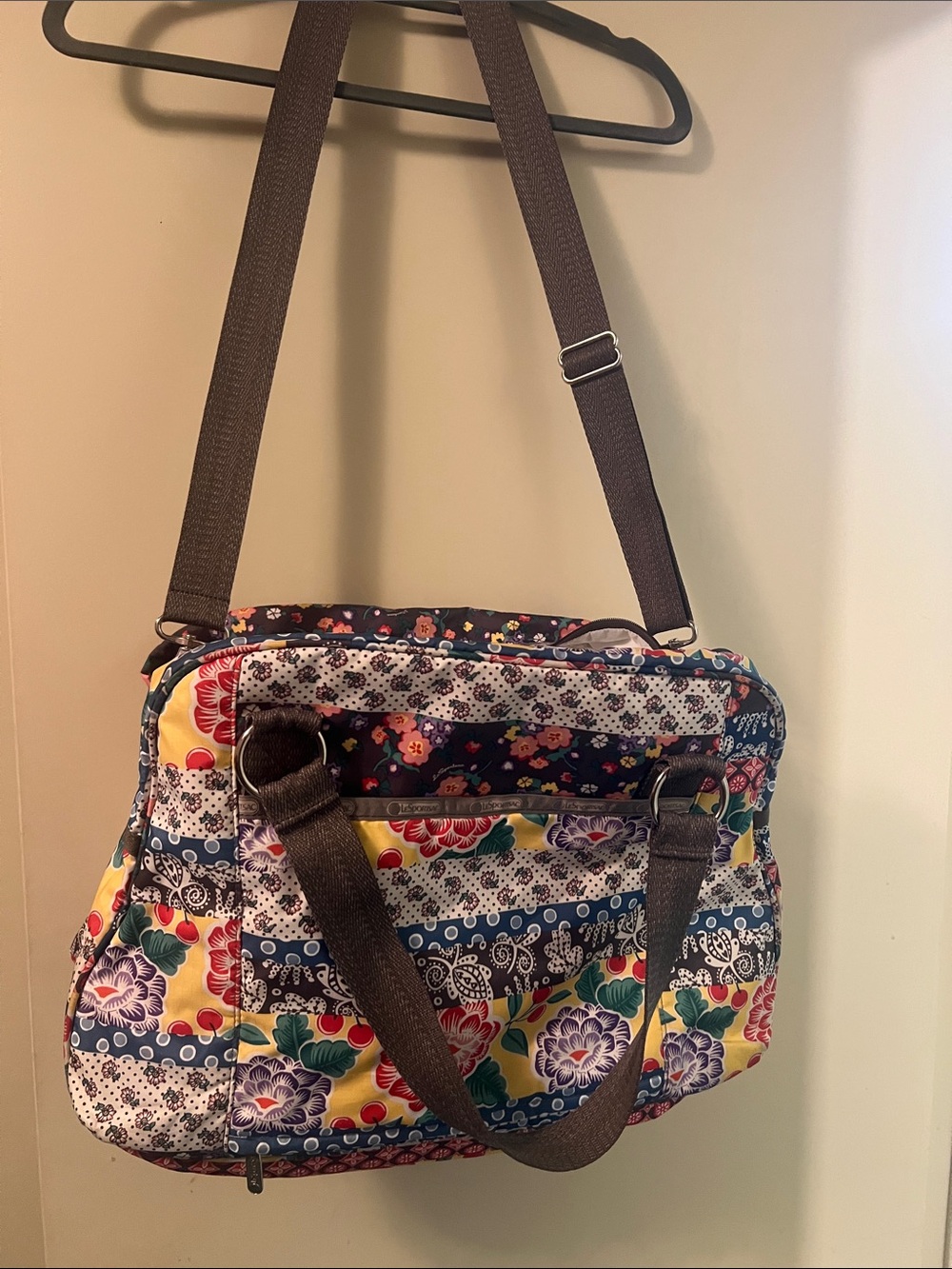 Lesportsac Floral Patchwork Bag Boho Y2K Nylon Satchel Travel Zipper Top